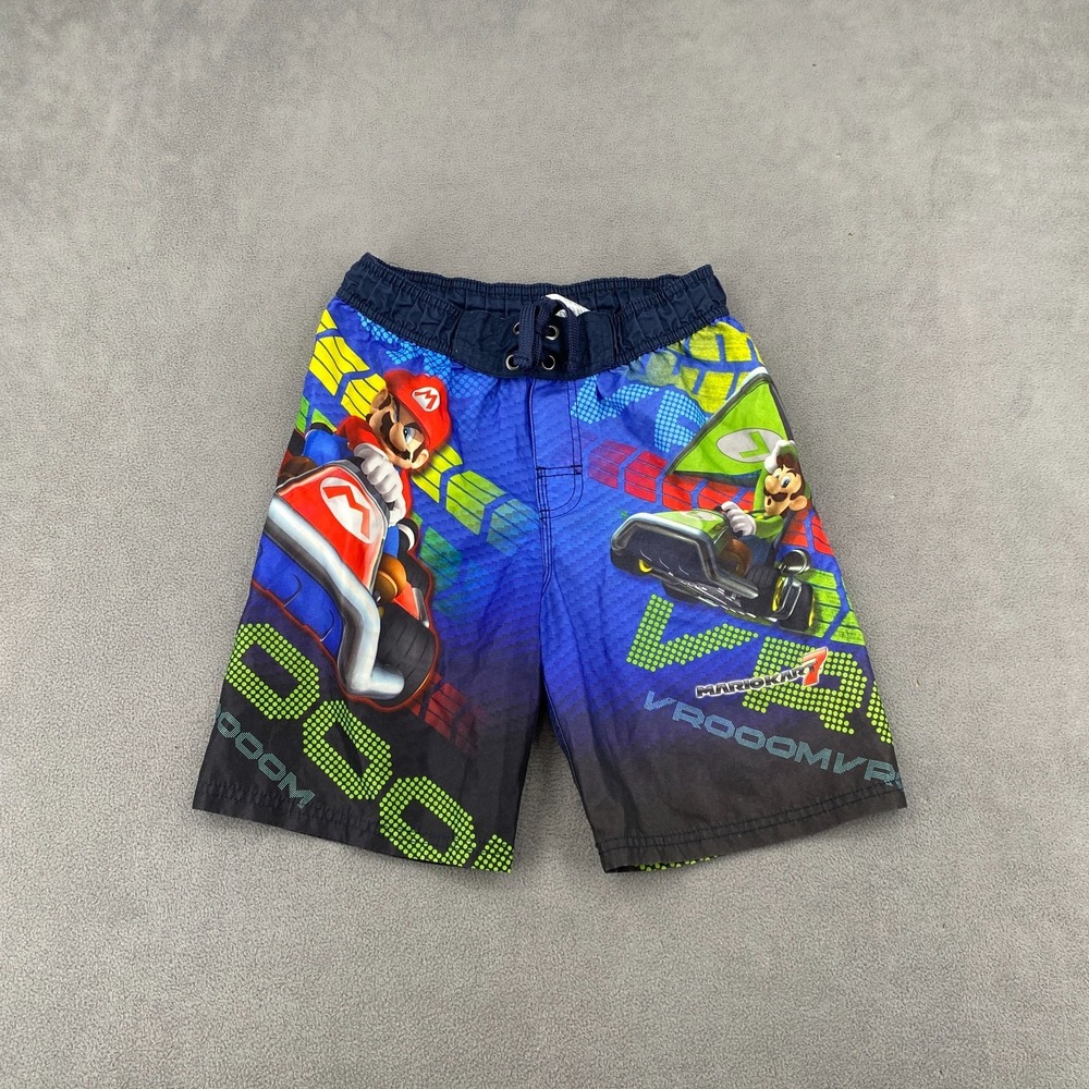 Nintendo Mario Kart Swim Trunks Shorts Boys M 8 Blue Graphic Mario Luigi Bowser